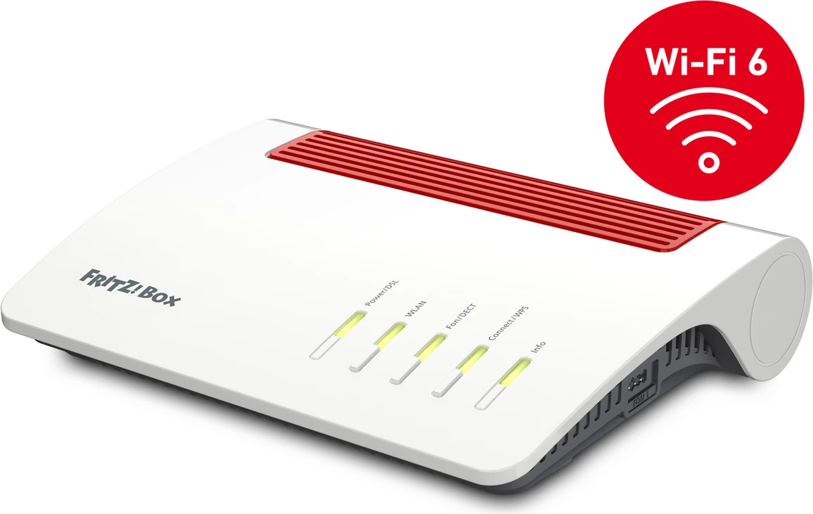 Router AVM FRITZ!Box 7590 AX, Wi‑Fi 6, MPN 20002998, e bardhë me të kuqe