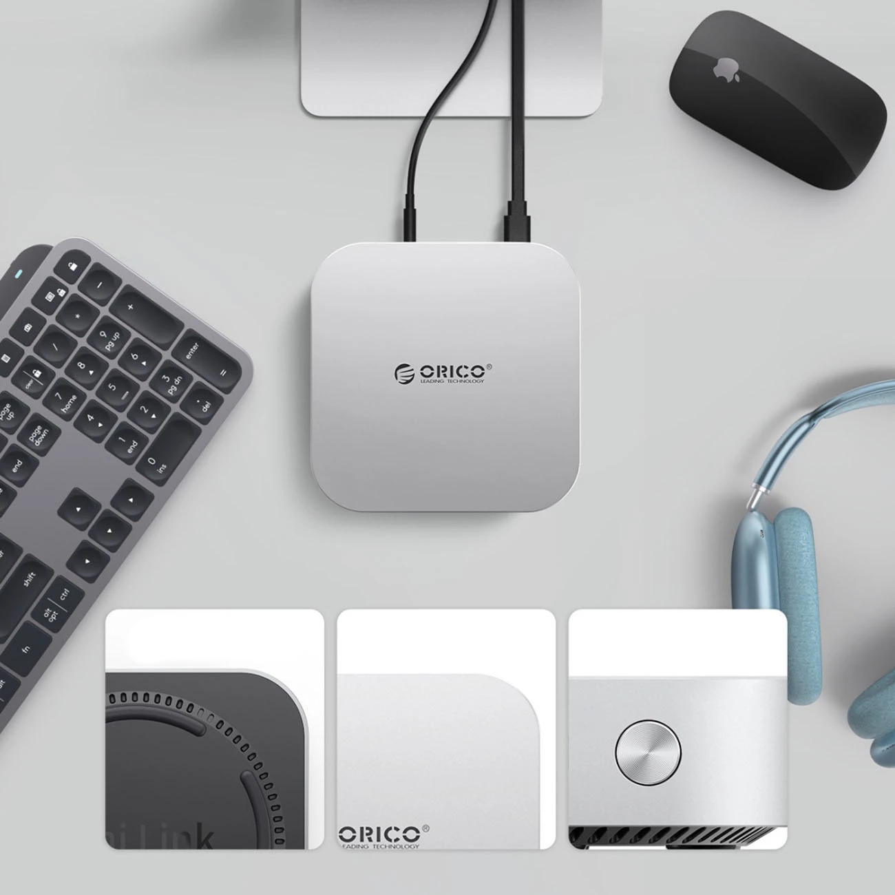 Docking station, Orico MiniLink, 9-në-1 me bay M.2 SSD NVMe, USB-C, për Mac mini/PC, argjendtë