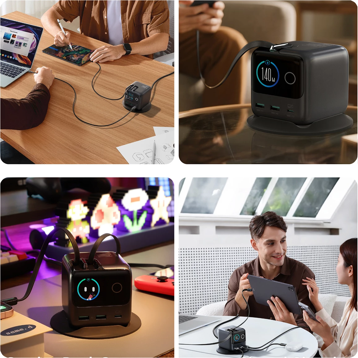 Karikues tavoline GaN, Joyroom Podix JR-TRD01, 140W, 5 porta me dy kabllo USB-C tërheqëse, gri