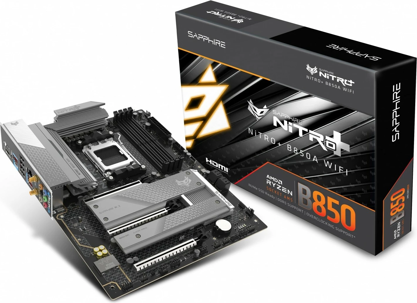 Pllakë amë, Sapphire NITRO+ B850A WIFI 7, AM5, chipset AMD B850, 4x DDR5 deri 256GB 8000 MHz OC, PCIe 5.0 x16 dhe M.2, Wi‑Fi 7, 2.5GbE, ATX