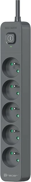 Zgjatës me mbrojtje nga mbitensioni Tracer TRALIS47023 5 priza Type E, kabllo 1.8 m, 3680 W, çelës me dritë, grafit
