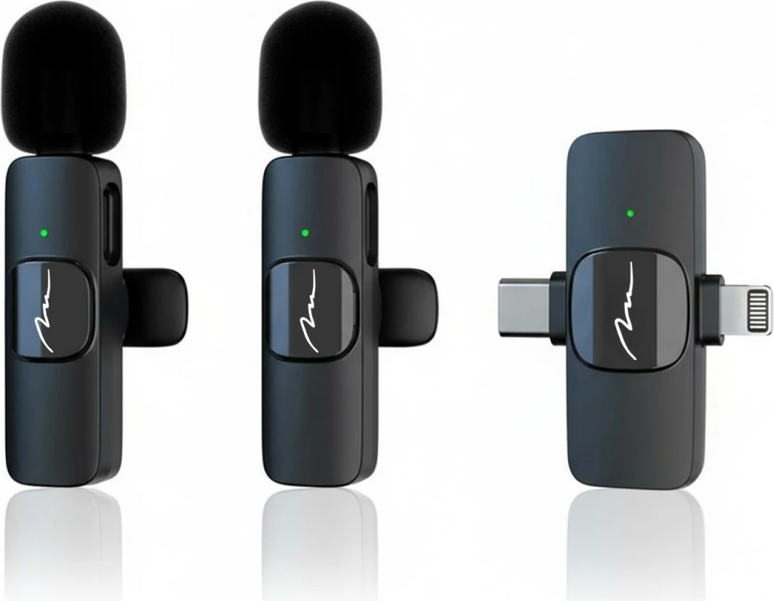 Set mikrofon lavalier pa tel, Media-Tech Micro-Mic Duo MT416, 2 mikrofona me reduktim zhurme, marrës USB‑C/Lightning, deri 35 m, anthracite