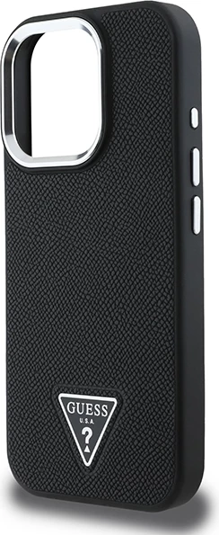 Mbështjellës Guess Grained Triangle MagSafe për iPhone 16 Pro, zi