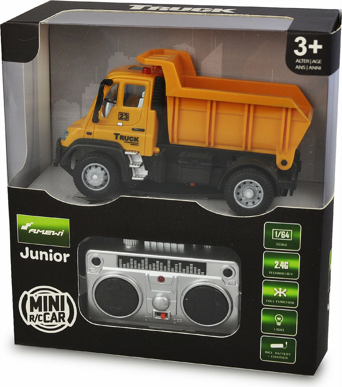 Kamion lodër me telekomandë AMEWI Mini Truck 1:64, bateri 500 mAh, me drita, zi/verdhë