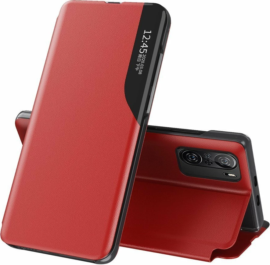 Mbështjellës Hurtel Eco Leather View Case me kapak dhe stand, për Xiaomi Redmi K40 Pro+, K40 Pro, K40, Poco F3, Kuq
