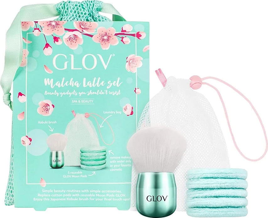 Set aksesorësh për make-up dhe heqje make-up-i Glov Matcha Latte Moon Pads për femra, 5 copa pads + furçë Kabuki + çantë