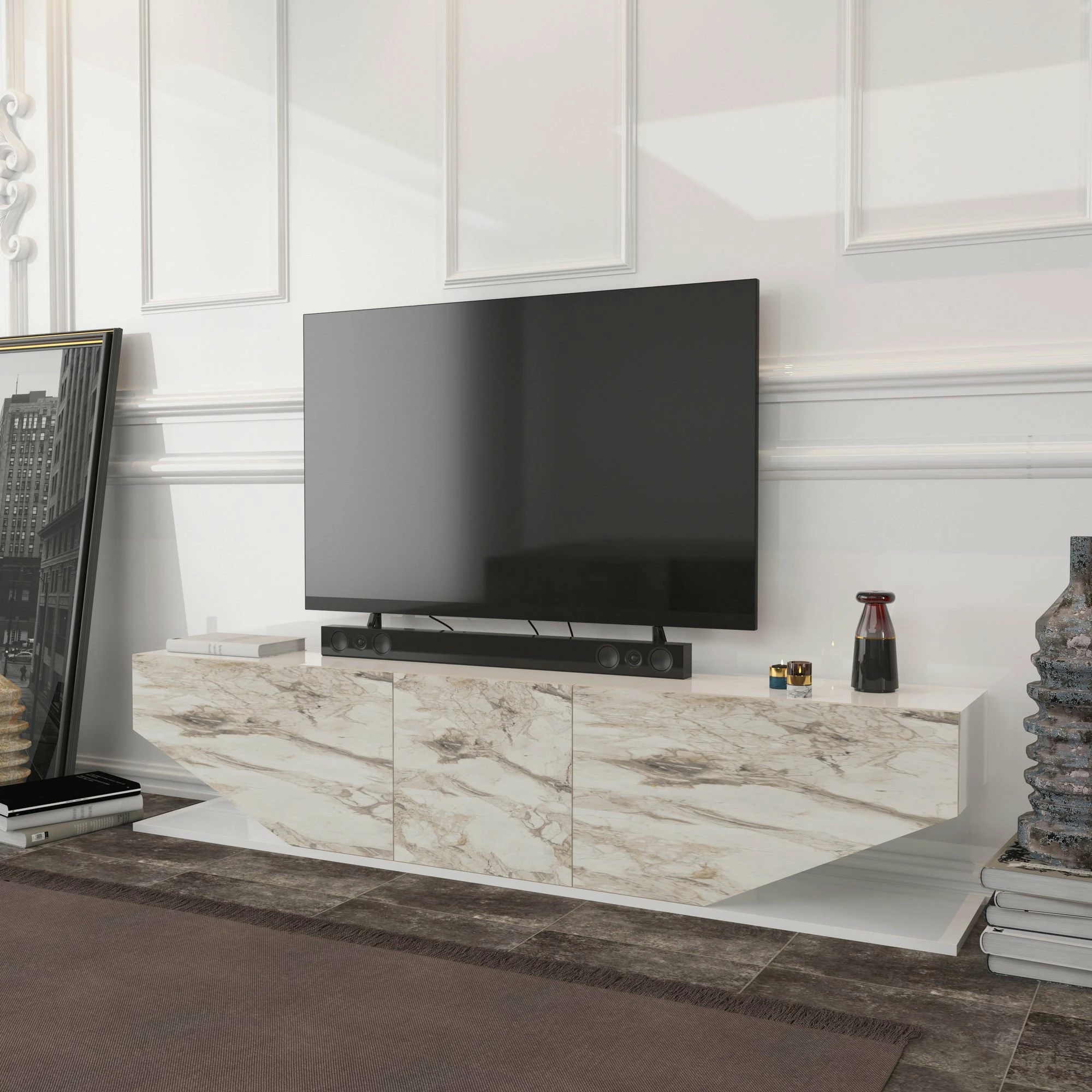 Komodë TV Hanah Home, Inci, ngjyrë mermeri e bardhë
