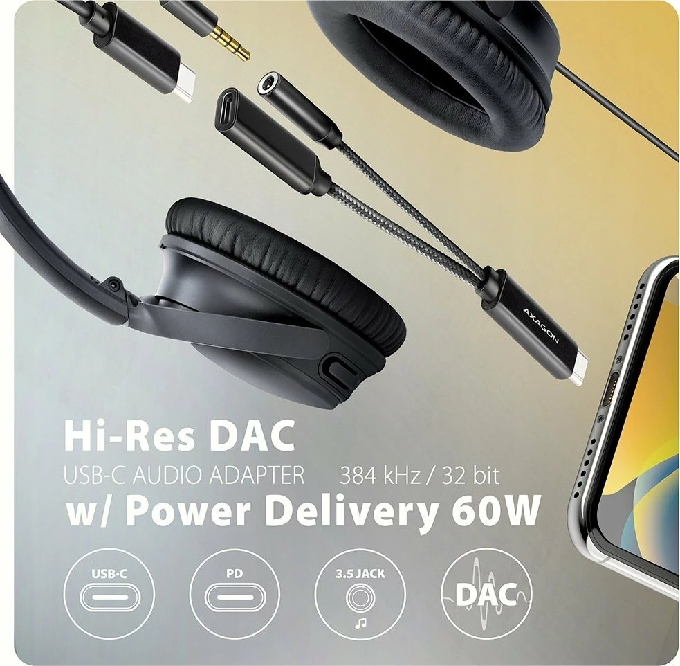 Adapter USB-C Axagon ADA-HCPD, Jack 3.5mm + USB-C PD 60W, i zi