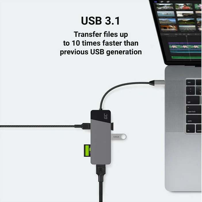 USB-C hub Green Cell, 7-në-1, HDMI 4K 60Hz, USB 3.2, SD/microSD, PD 85W, argjend