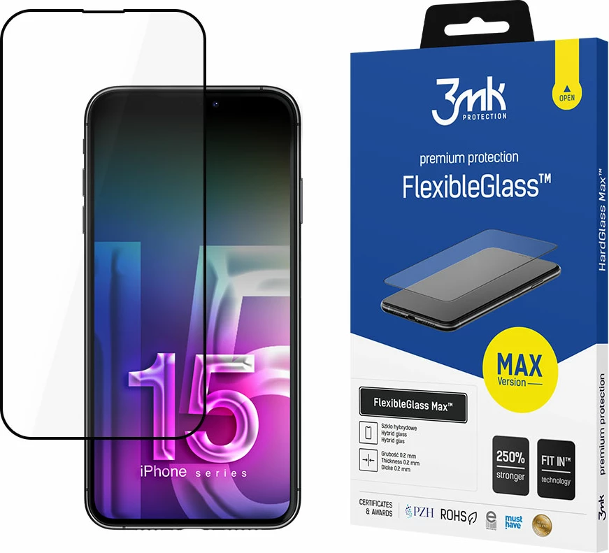 Mbrojtës ekrani hibrid 3mk FlexibleGlass Max për iPhone 15 Plus, i zi