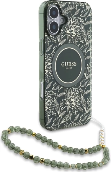 Mbështjellës Guess IML Flowers Allover Electro me pearl strap, për iPhone 16, MagSafe, Gjelbër