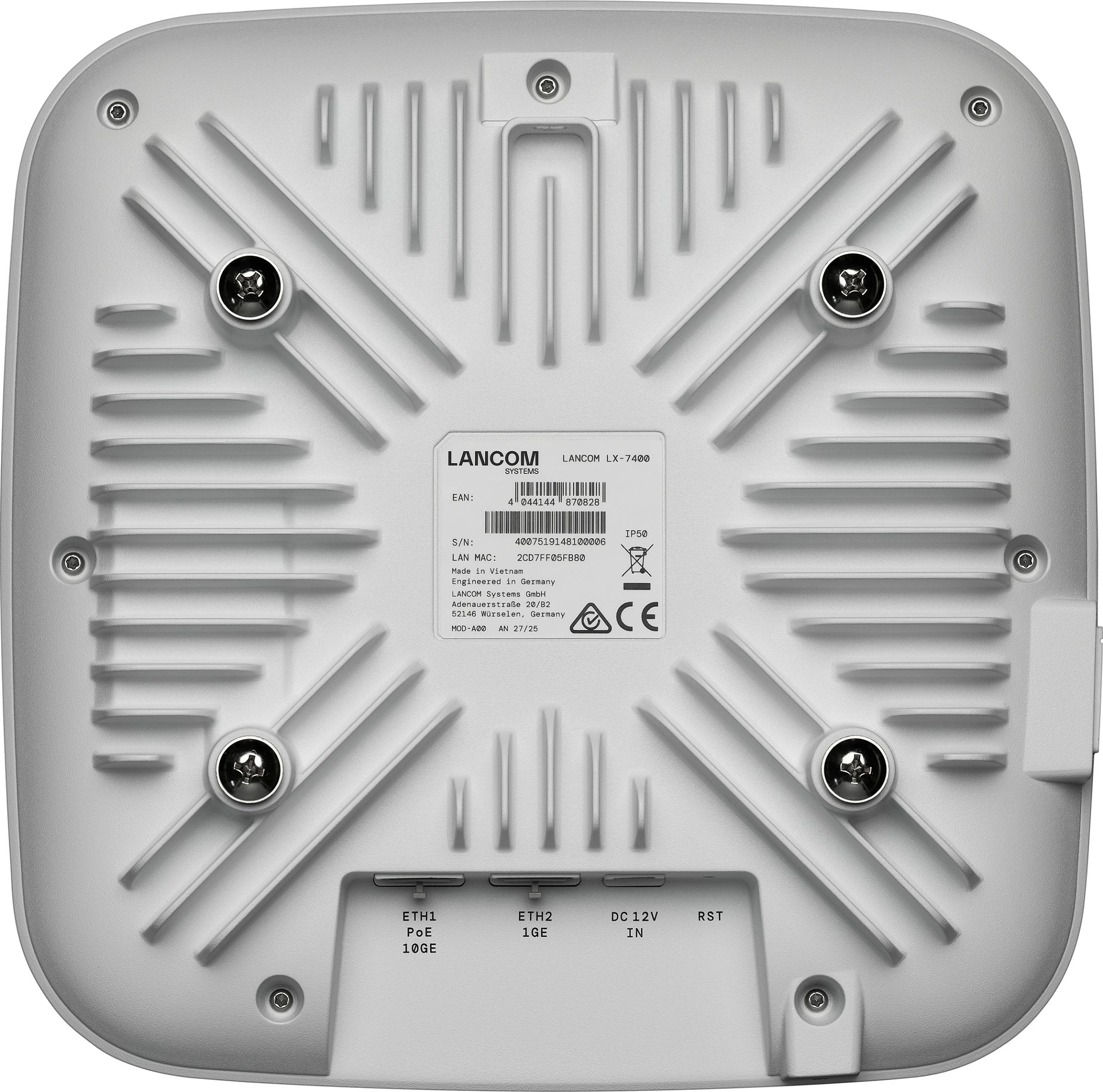 Access Point LANCOM LX-7400, tri-band 2.4/5/6 GHz, 18 Gbit/s, 2x RJ-45 1G/10G, i bardhë