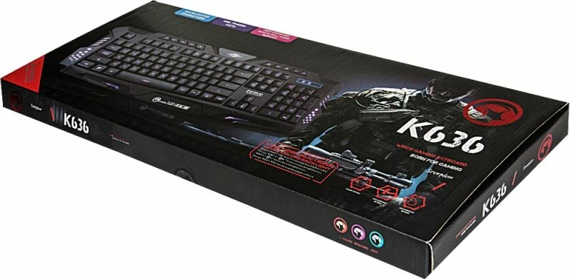 Tastierë gaming Marvo K636, USB me kabllo 1.5 m, layout US, membrane, anti-ghosting 19 tasta, ndriçim LED një-ngjyrësh, me mbështetëse dore, e zezë