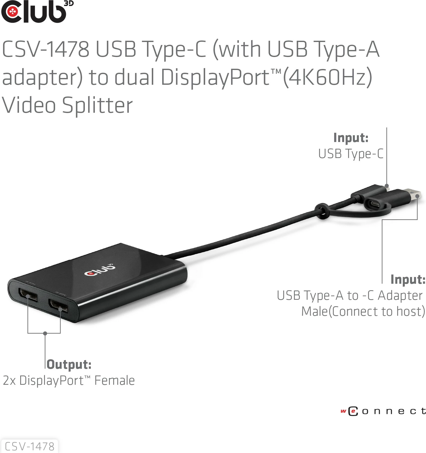 Adapter Club3D USB-C/USB-A në 2x DisplayPort 4K, i zi