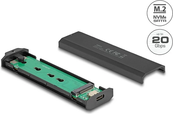 Kasë eksterne për SSD M.2 DeLOCK, USB-C 20Gbps, NVMe/SATA, pa vegla, e zezë