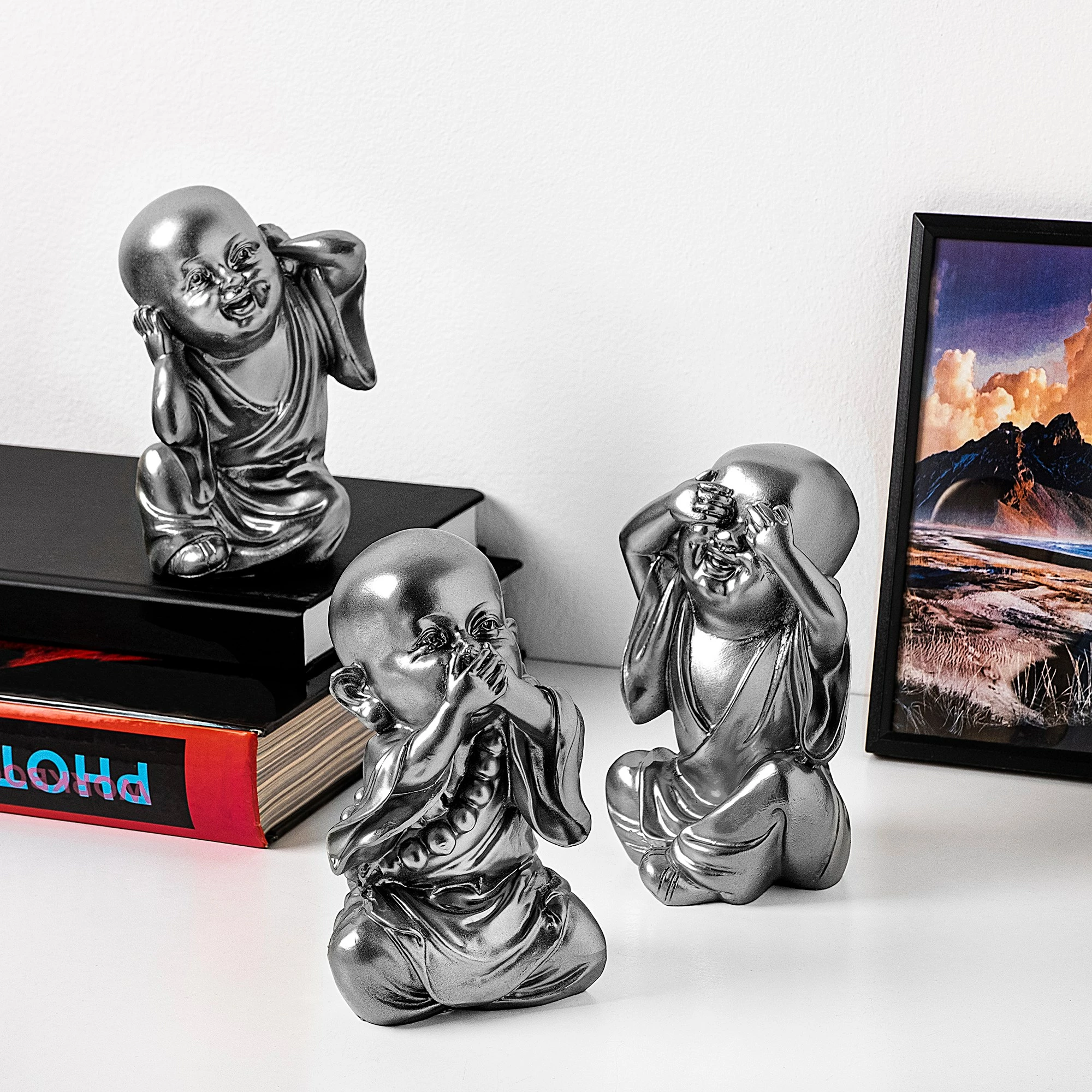 Set dekorativ me 3 figura 'Mos shih, mos dëgjo, mos fol', ngjyrë argjendi, Aberto Design