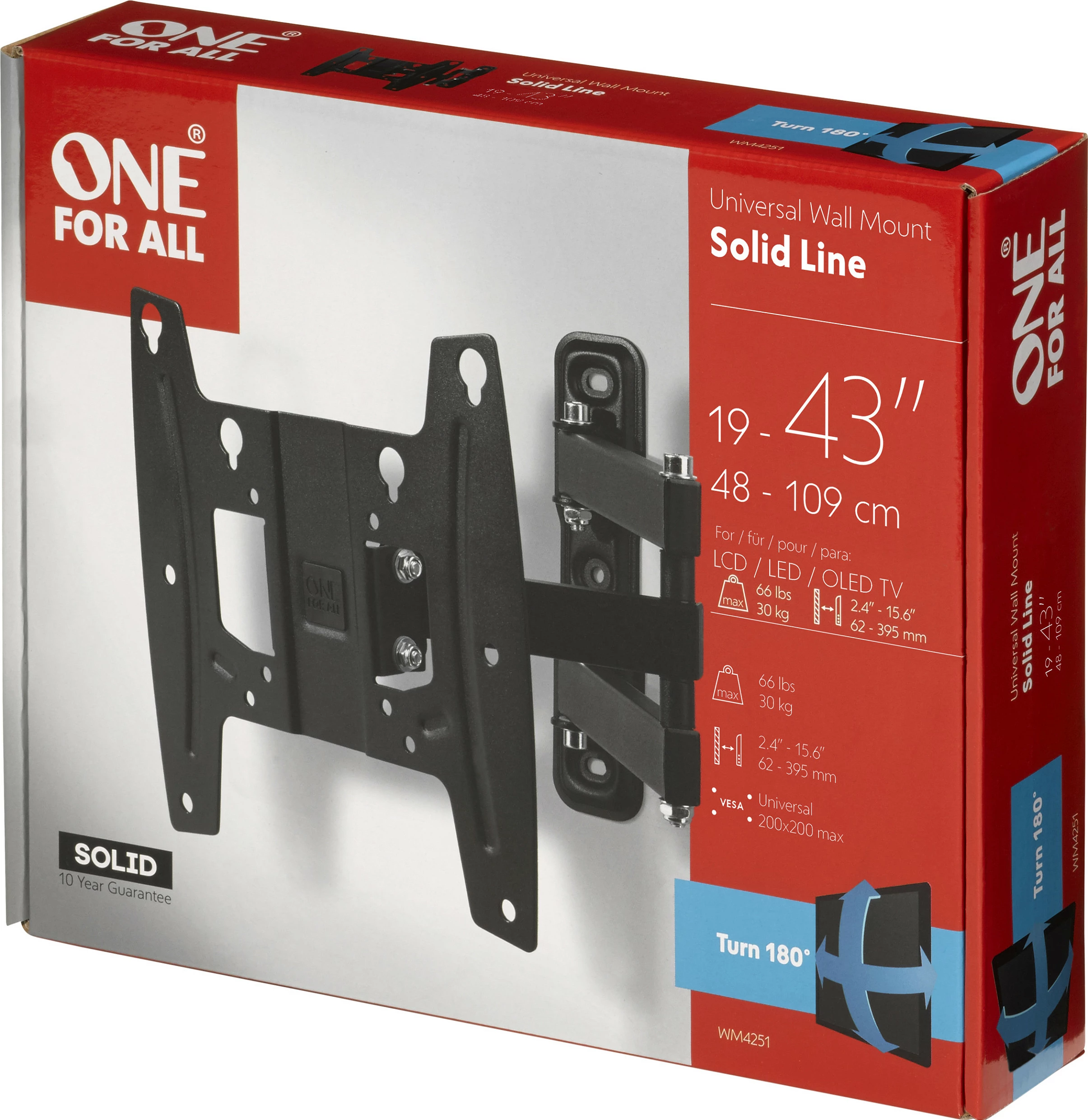 Mbajtëse muri për TV One For All WM4251, 19-43", VESA 75x75-200x200, lëvizëse, e zezë