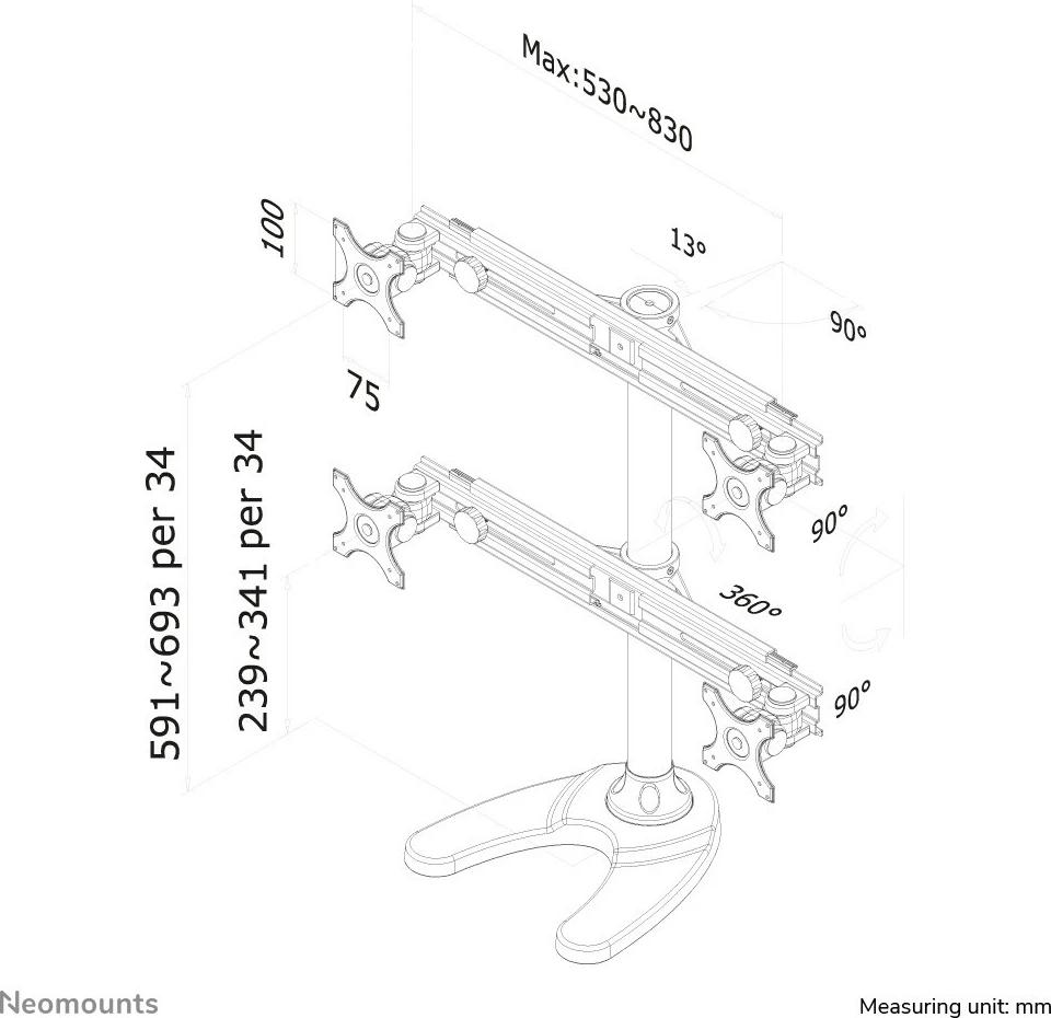 Mbajtëse monitorësh Newstar FPMA-D700DD4, deri 4 ekrane, 19-30 inç, rregullim lartësie, e zezë