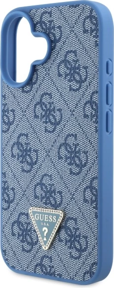 Mbështjellës Guess për iPhone 16, lëkurë, logo metalike, rrip, Blu