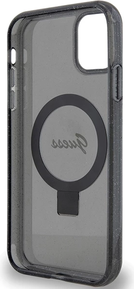 Mbështjellës Guess Ring Stand Script Glitter MagSafe për iPhone 11/XR, i zi