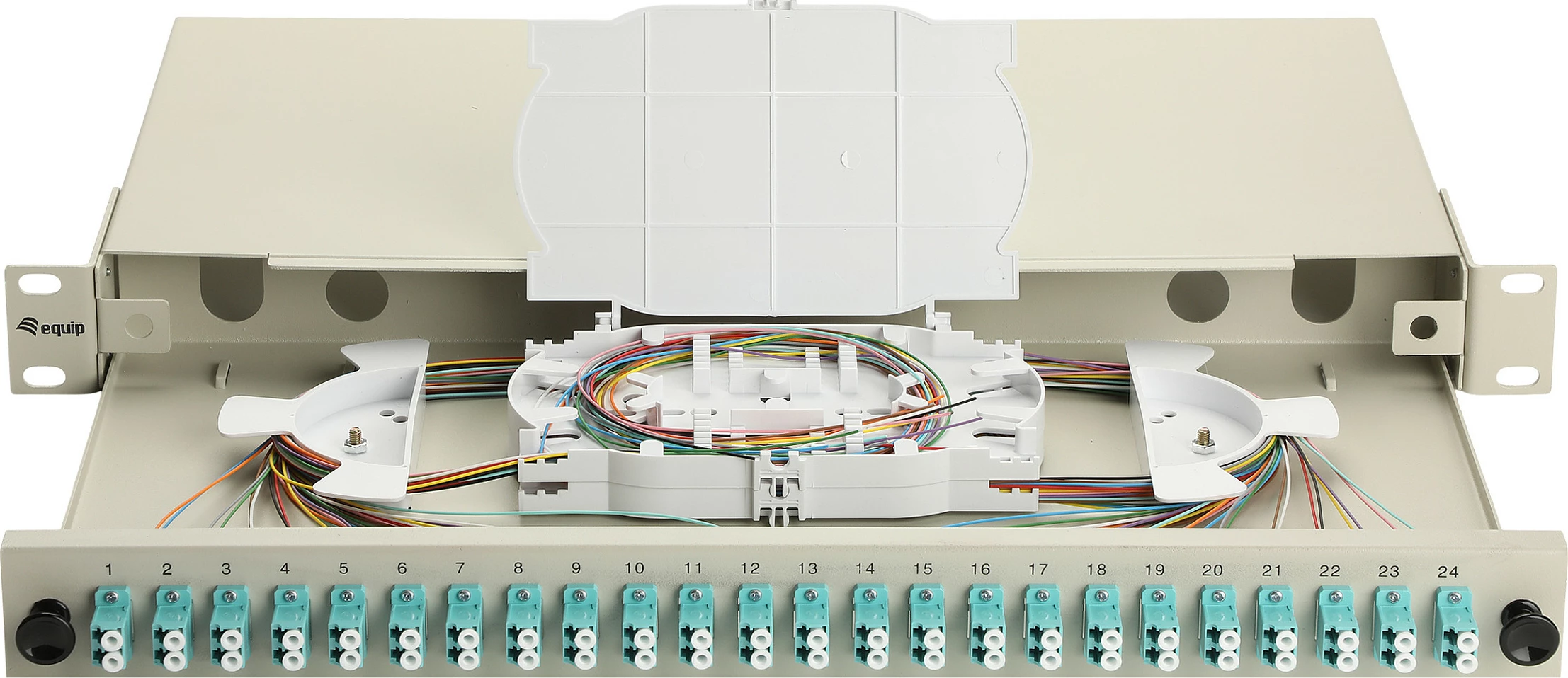 Kuti splice fiber optike Equip 337213, 24-Port, LC Duplex, OM3, 1U Rack, e hirtë