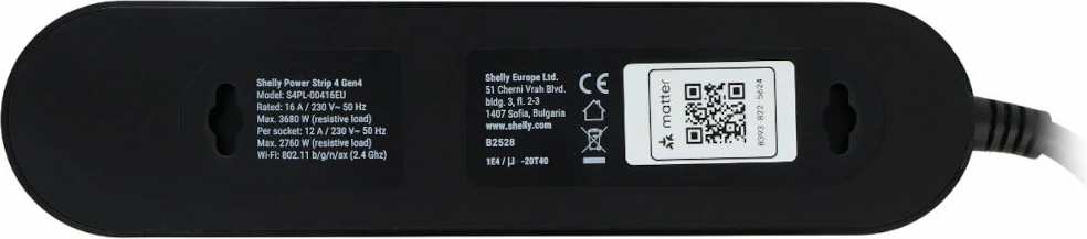 Zgjatues rryme smart Shelly Power Strip 4 Gen4, 4 priza Schuko, 1.5 m, Wi‑Fi/Bluetooth/Zigbee/Matter, i zi