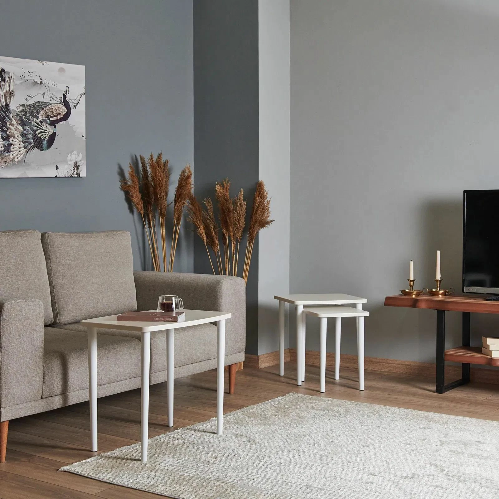 Set tavolinash ndihmëse të mbivendosura, krem, Skye Decor, Tuval 061, 3 copë