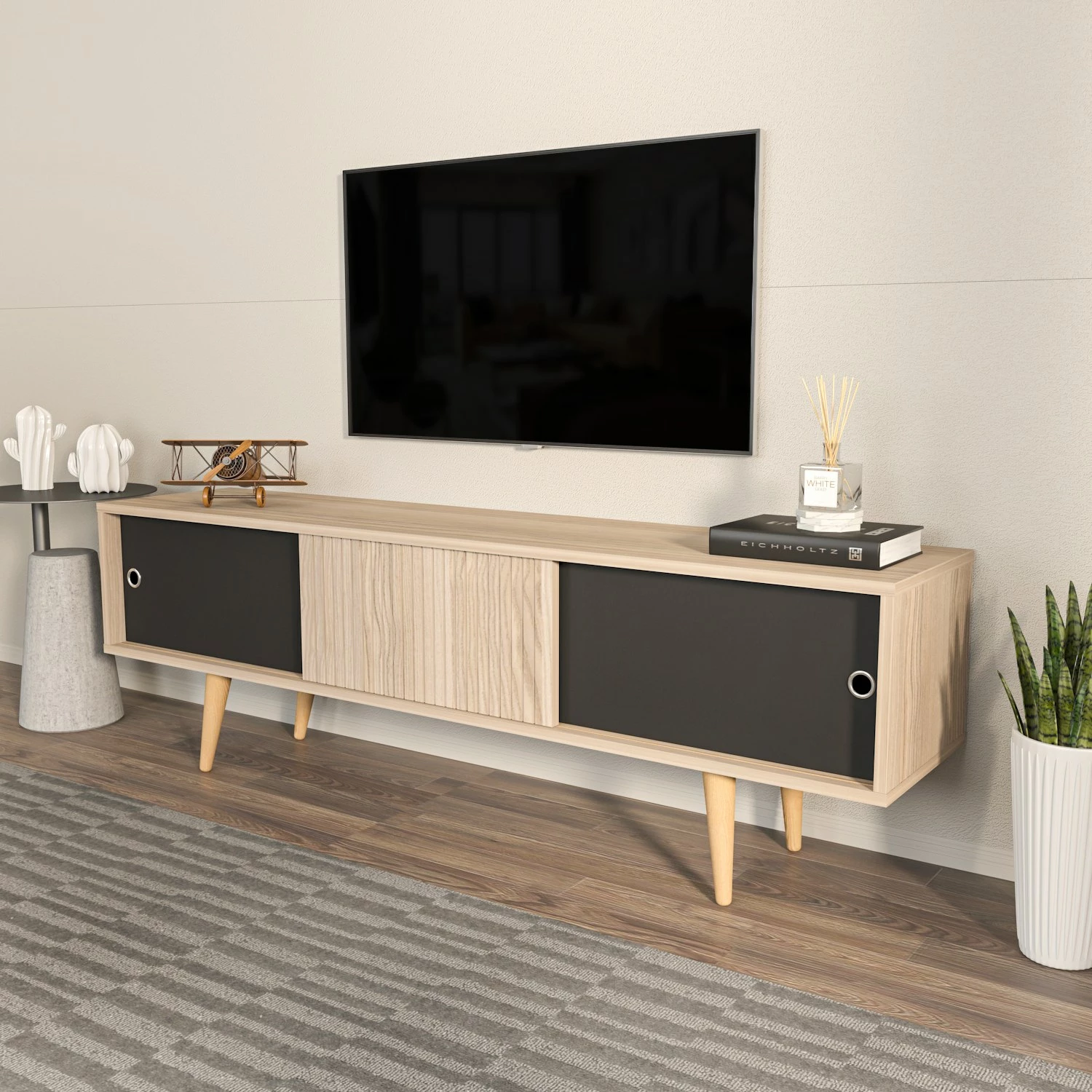 Komodinë TV Skye Decor, ngjyrë lis dhe e zezë
