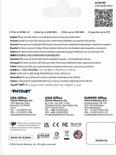 SSD M.2 NVMe Patriot P400 V4 2TB PCIe Gen4 x4 2280