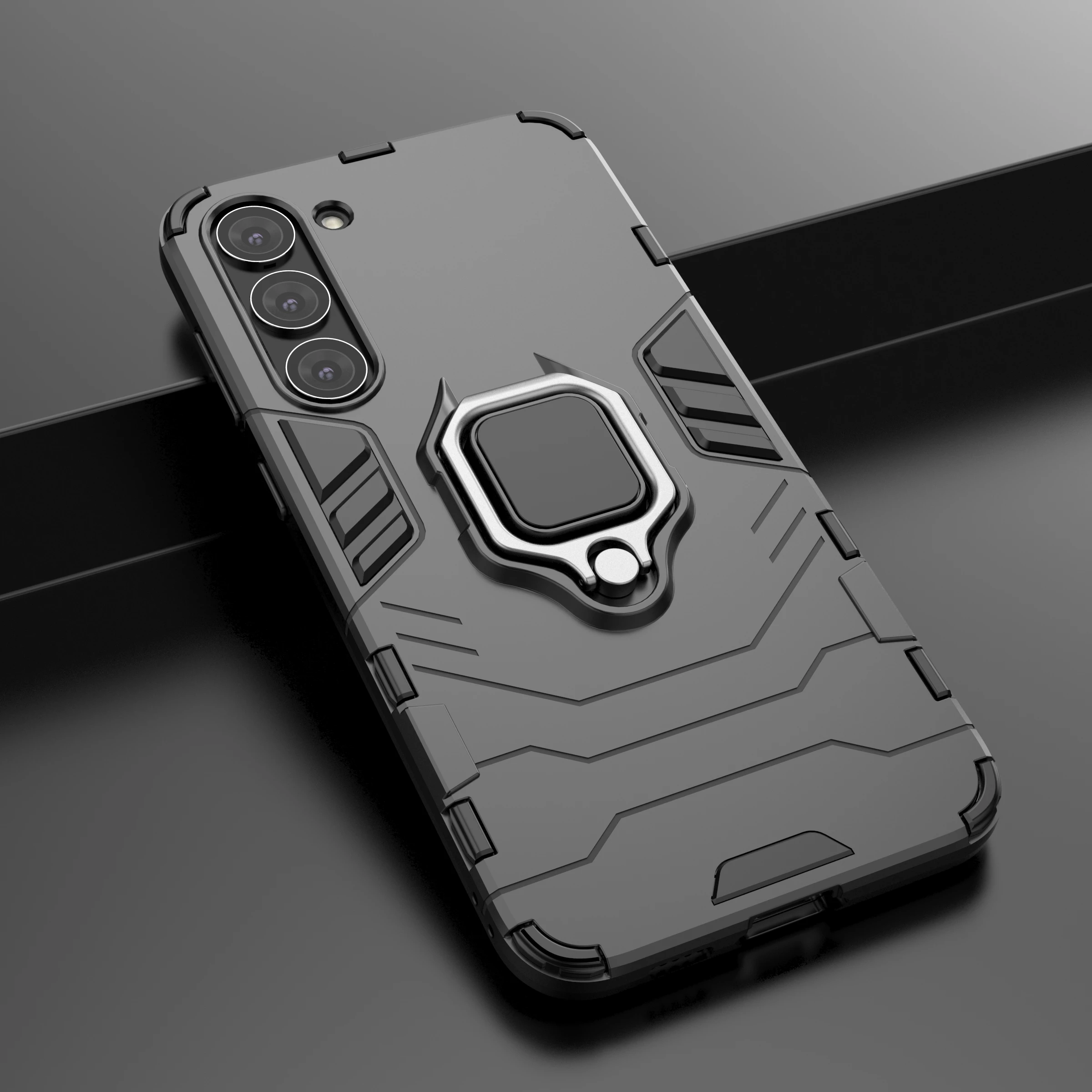 Mbështjellës Hurtel Ring Armor për Samsung Galaxy S23+, me unazë magnetike, i zi