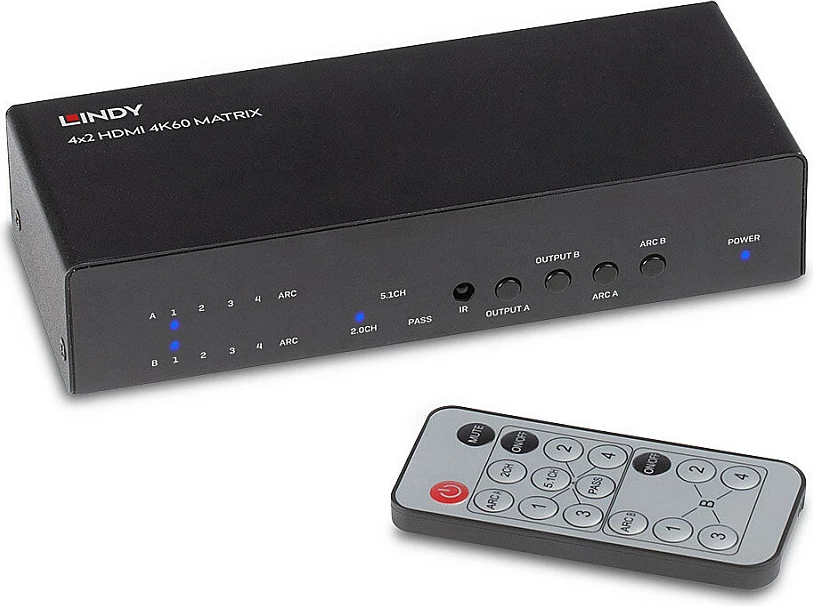 Switch matricë HDMI Lindy 4x2 4K60, HDMI 2.0 18Gbps, HDCP 2.2, e zezë