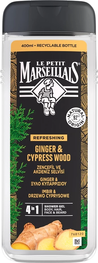 Xhel dushi 4-në-1 për meshkuj Le Petit Marseillais Ginger & Cypress, 400ml