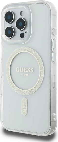 Mbështjellës Guess IML Glitter Circle MagSafe për iPhone 16 Pro 6.3", transparent
