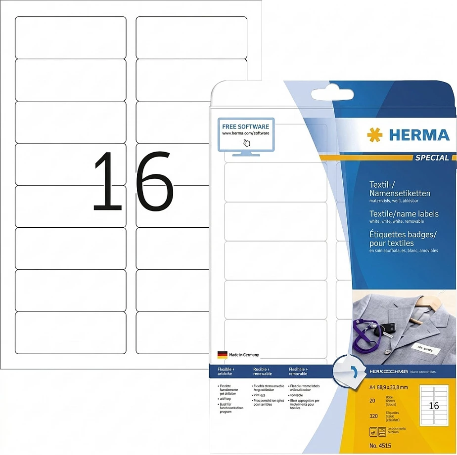 Etiketa tekstili/nome HERMA A4 88.9x33.8mm, laser, 320 copë, të bardha