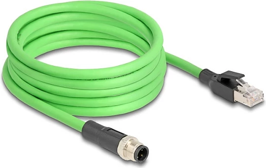 Kabllo Ethernet industriale DeLOCK M12 D-coded 4-pin mashkull në RJ45 mashkull, 1 m, PUR/TPU, e gjelbër
