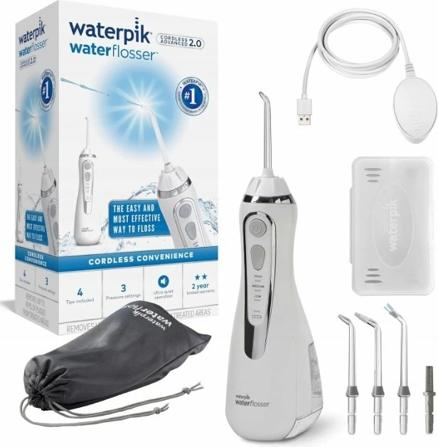 Irigator dentar Waterpik WP-580 Cordless Advanced 2.0, rezervuar 207 ml, bateri deri 45 min, 3 nivele presioni, 4 maja, i bardhë