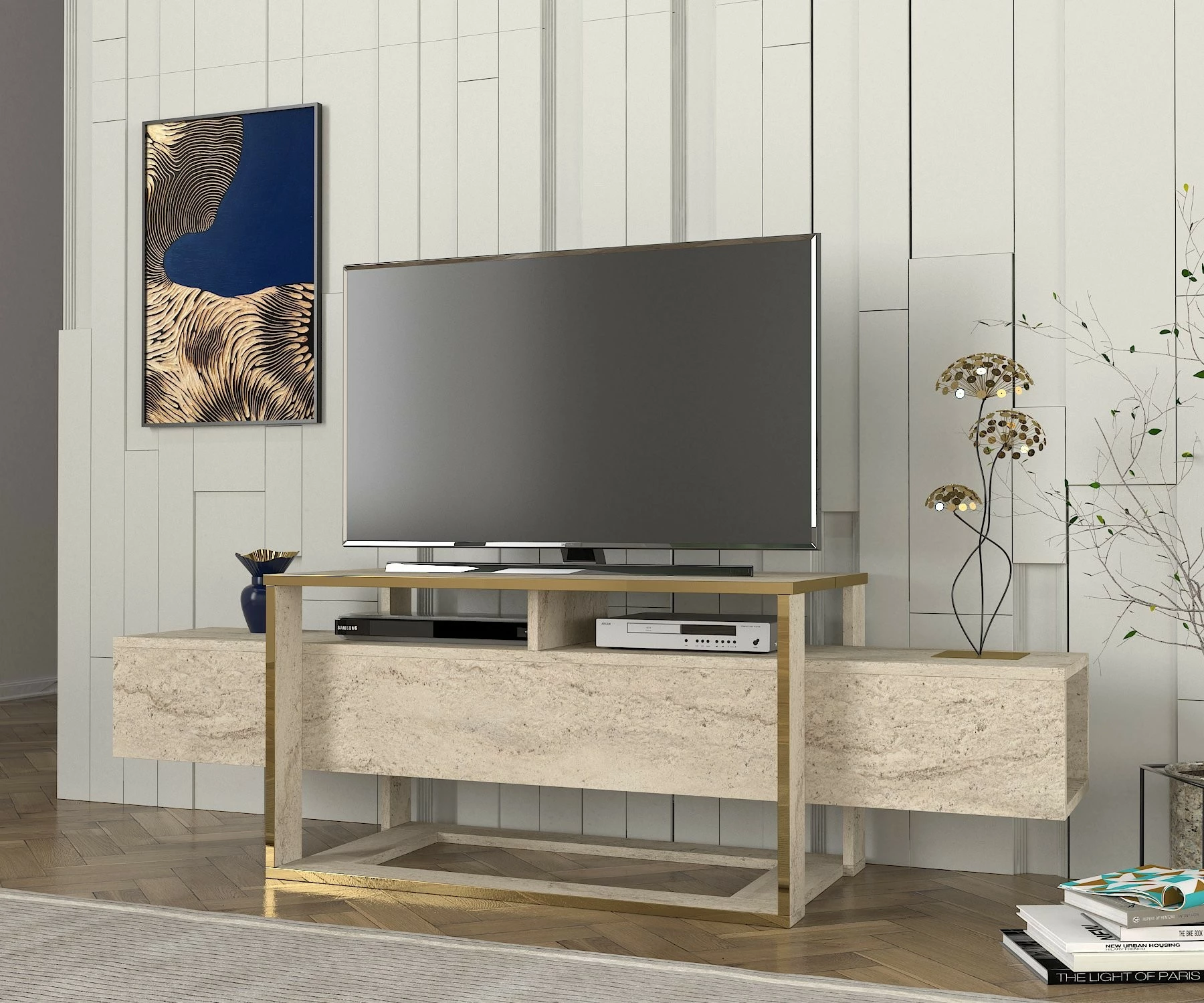Komodë TV Hanah Home, ngjyrë travertin, Bianco