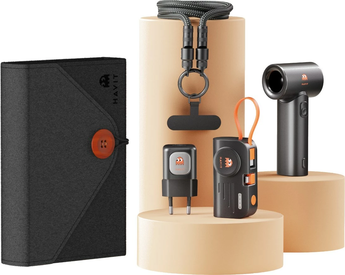 Set udhëtimi HAVIT STK011 EU me karikues, power bank, kabllo USB-C dhe ventilator dore, zi
