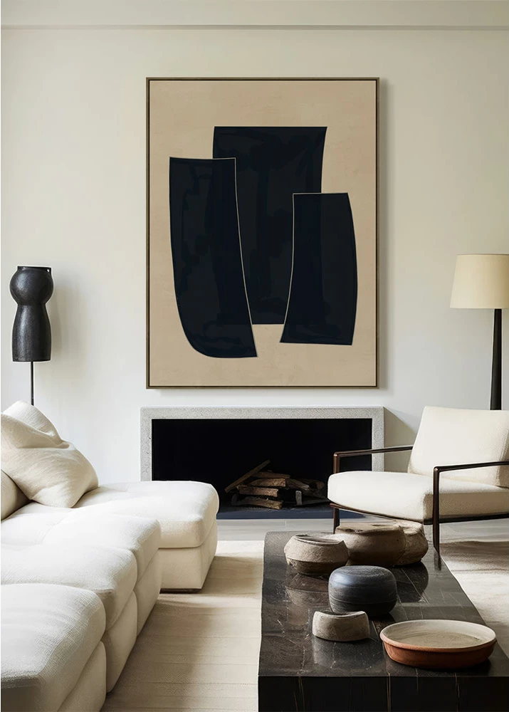 Pikturë dekorative VISUELLE me kornizë, kanavacë, bezhë e zezë, dru natyral, 90x120x4cm