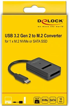 Konvertues DeLOCK Combo për SSD M.2 NVMe/SATA në USB-C 10Gbps, i zi
