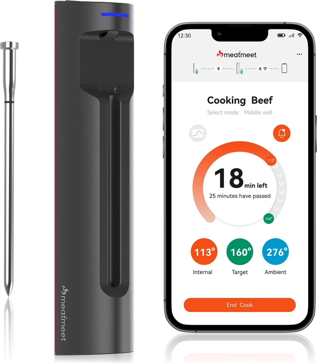 Termometër kuzhine me Bluetooth, Meatmeet S Pro, sondë pa kabllo çelik inox IP69, saktësi ±0.1°C, rreze 120 m, gri