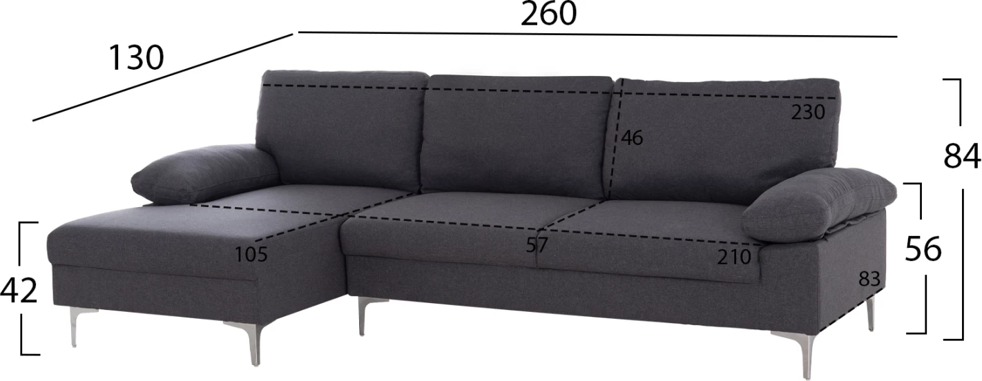Këndare Anton, kënd i majtë, material gri, këmbë metalike, 263x133x85cm