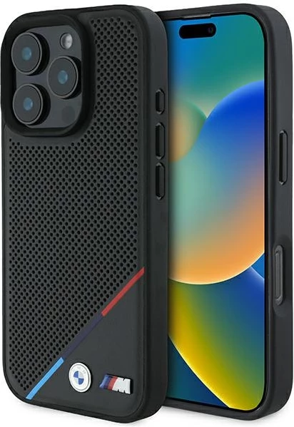 Mbështjellës BMW M Perforated Tricolor Line MagSafe për iPhone 16 Pro, Zi