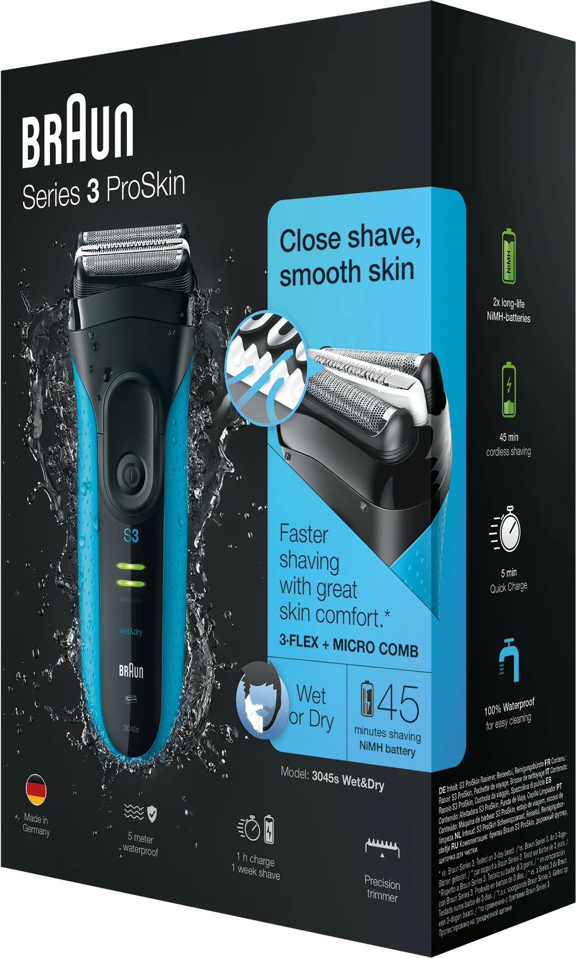 Makinë rroje Braun Series 3 ProSkin 3045s, Foil shaver, LED, NiMH, e zezë, blu