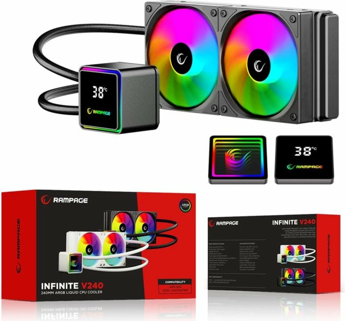 Ftohës uji AIO Rampage INFINITE V240 240mm ARGB 2x120mm, i bardhë