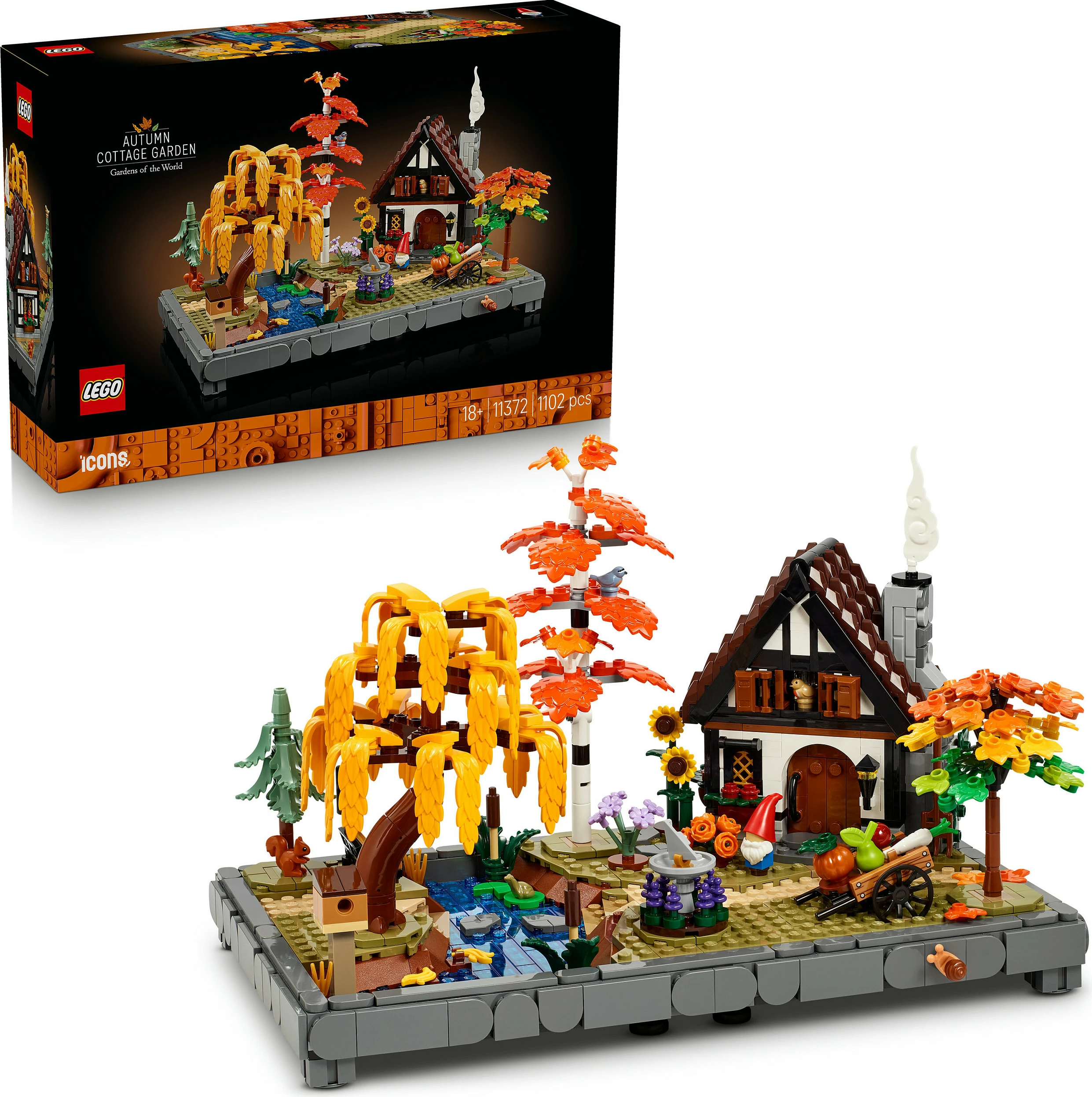 Set ndërtimi LEGO Icons Autumn Cottage Garden 11372, 1102 copë, 18+, multikolor