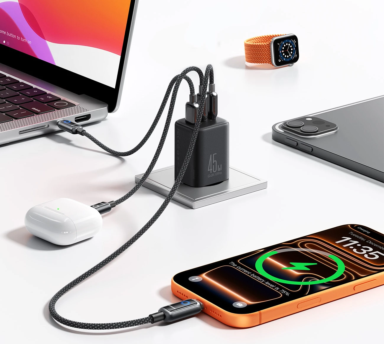 Karikues muri Joyroom JR-TO1 GaN 45W 3 porta (USB-C/Lightning/USB-A) prizë EU, i zi
