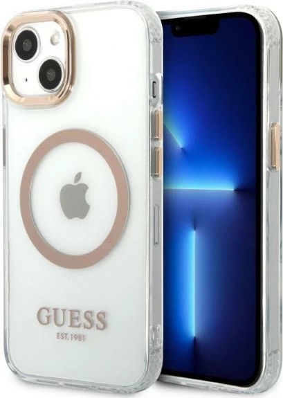 Mbështjellës Guess GUHMP13MHTRMD për iPhone 13 6.1", Metal Outline Magsafe, Ari/Transparent
