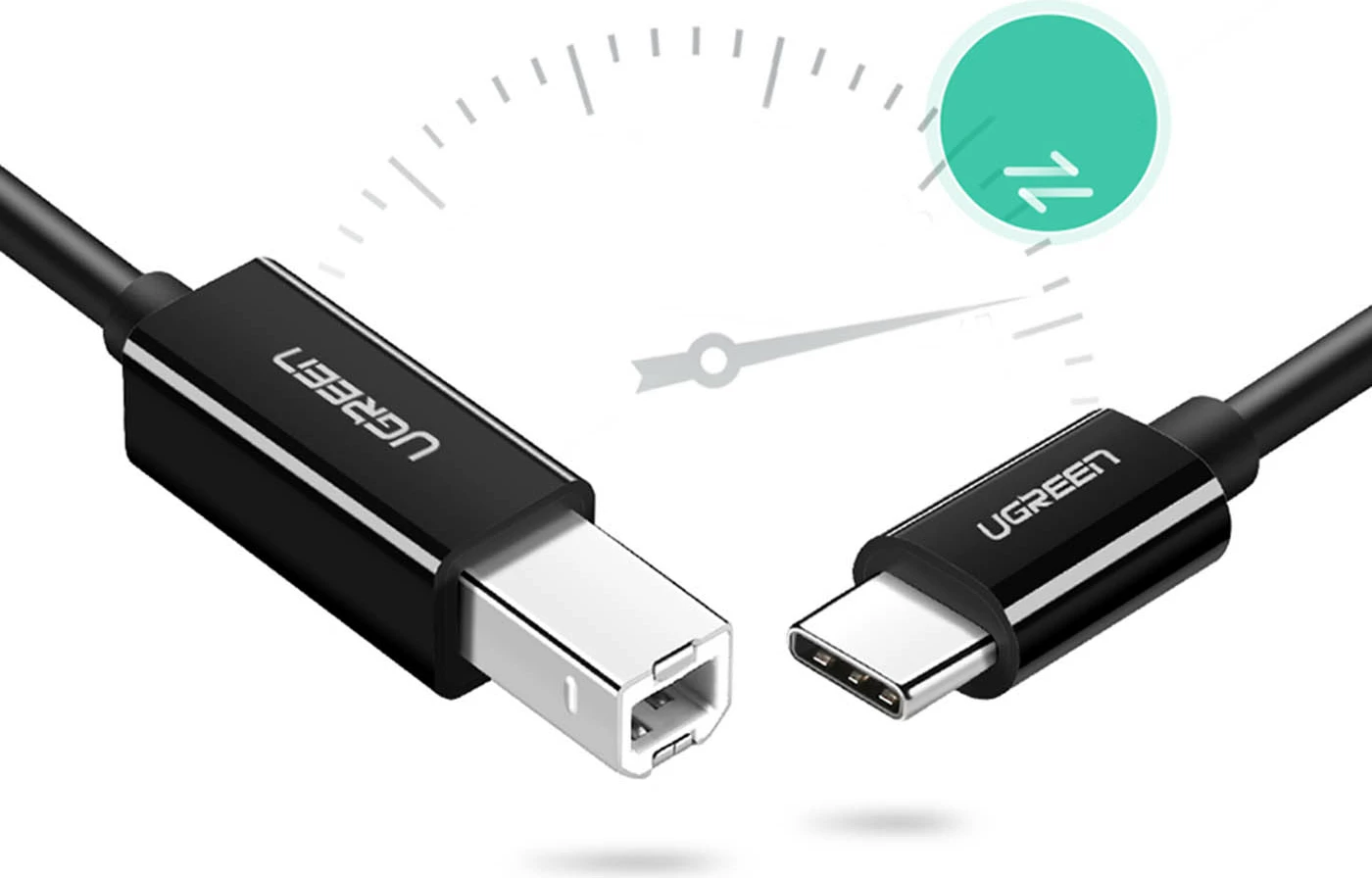 Kabllo printeri Ugreen US241, USB-C në USB-B, 2m, e zezë