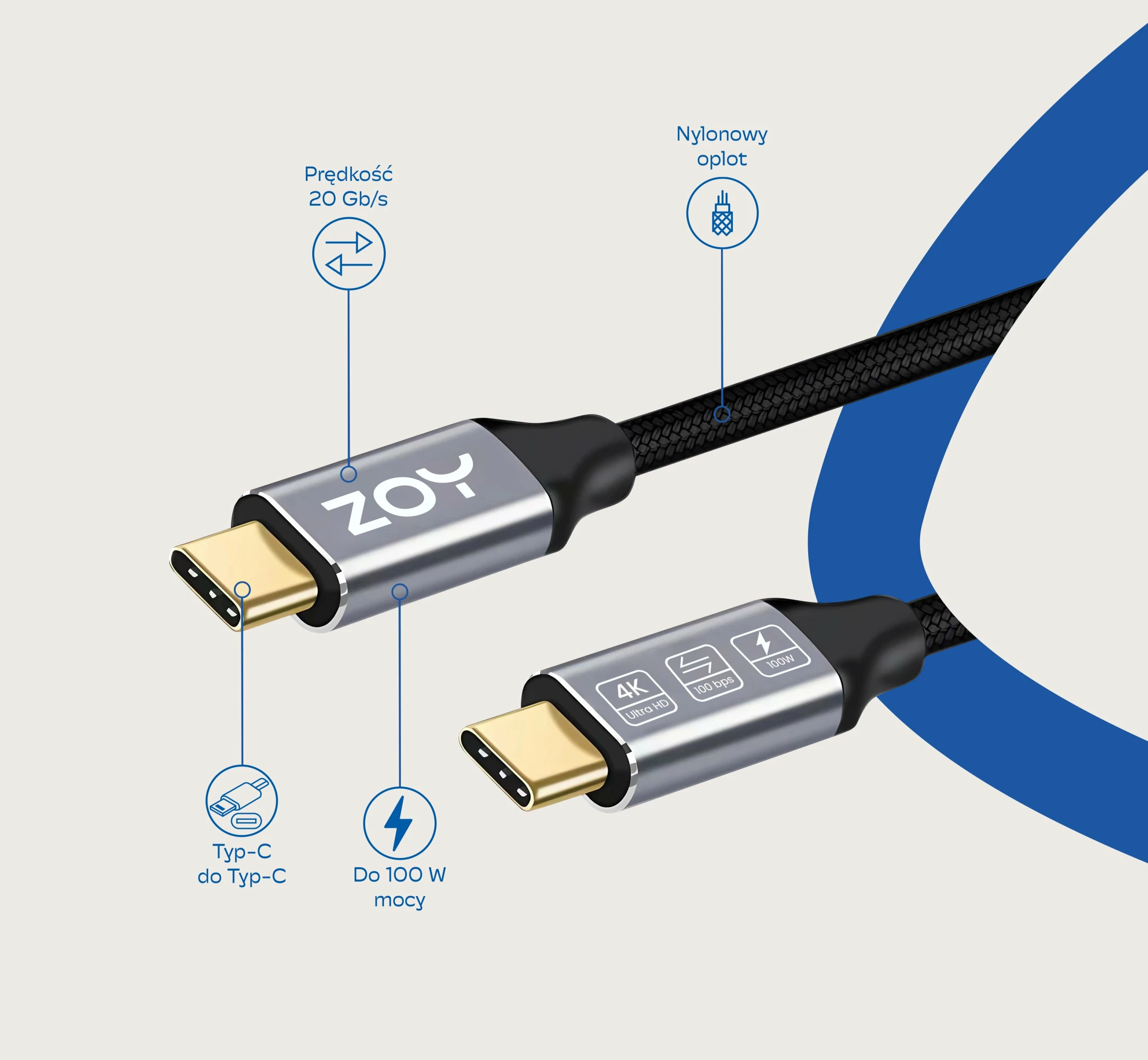 Kabllo USB-C në USB-C ZOY ZCCC2 2 m USB 3.2 Gen2 20Gb/s 100 W Black-Silver